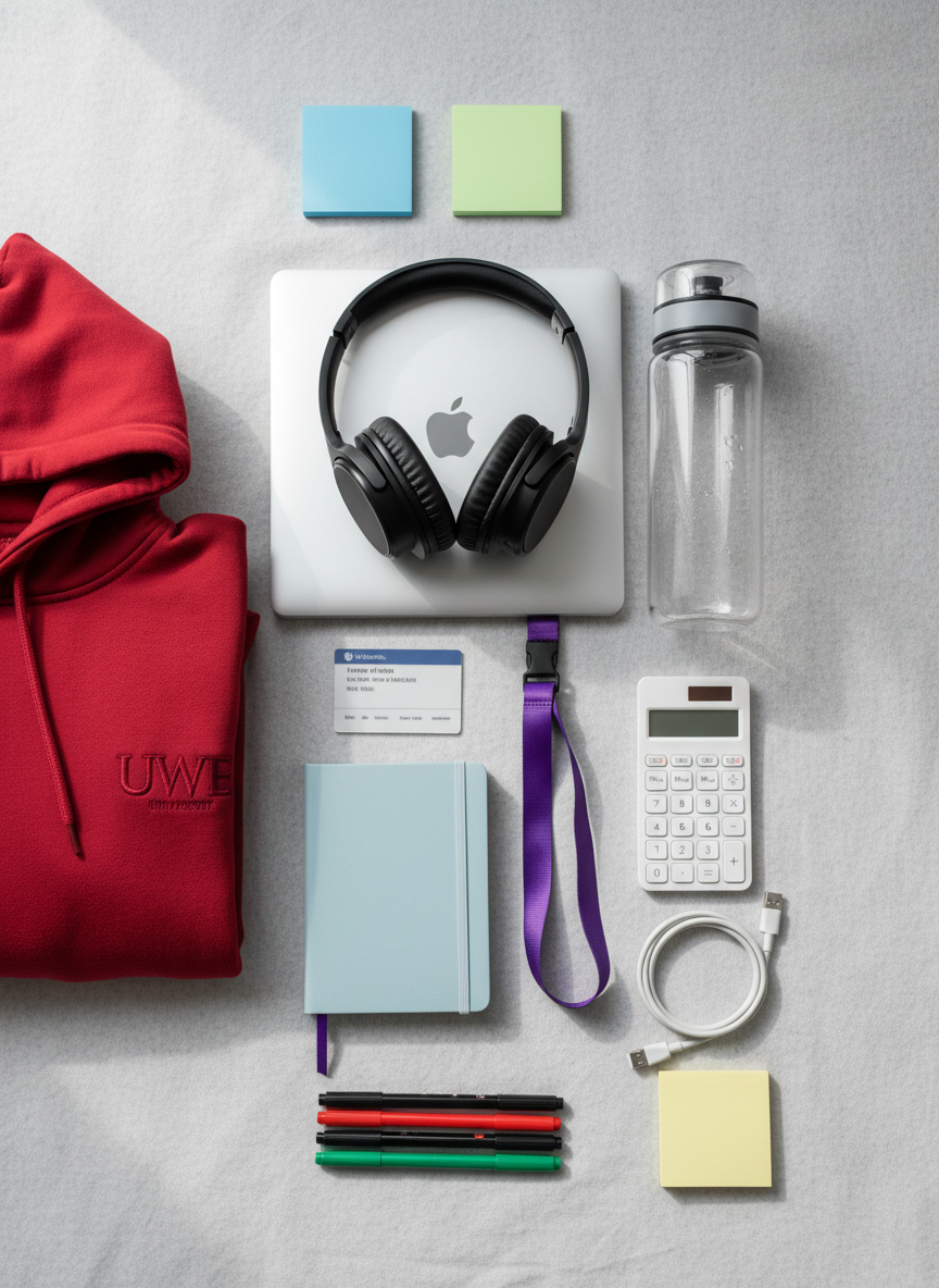 An overhead view of a first-year student essentials flat-lay arranged on a pale grey fabric surface: neatly folded UWE-red hoodie, compact laptop, noise-cancelling headphones, a small academic planner, keycard with lanyard, and a reusable water bottle with subtle condensation on its matte surface. A tidy set of color-coded sticky notes and gel pens frame the scene, while a slim calculator and a USB-C charger hint at study life. Soft natural window light from the left creates gentle, even illumination and delicate, realistic shadows, emphasizing textures of cotton, metal, and plastic. Photographic realism, clean and modern composition with rule-of-thirds placement, evokes a practical, organized, and reassuring mood, ideal for introducing a student starter kit.