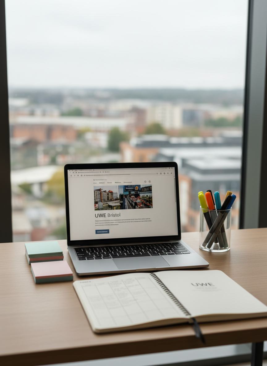 A neatly organized study desk in a modern student flat, featuring a slim silver laptop open to a university portal, a stack of pastel-colored revision cards, and a clear acrylic pen pot filled with highlighters and fine-liners. The desk is a light oak surface positioned beneath a large window overlooking a softly blurred city campus. Diffused overcast daylight bathes the scene, creating soft, professional lighting with gentle shadows under objects. A minimalist UWE-branded notebook lies open with a tidy weekly schedule visible. Photographic realism, shot at eye level with shallow depth of field, keeps the foreground crisp while the background dissolves into soft bokeh, conveying a calm, focused, and studious atmosphere suitable for a first-year guide homepage hero image.