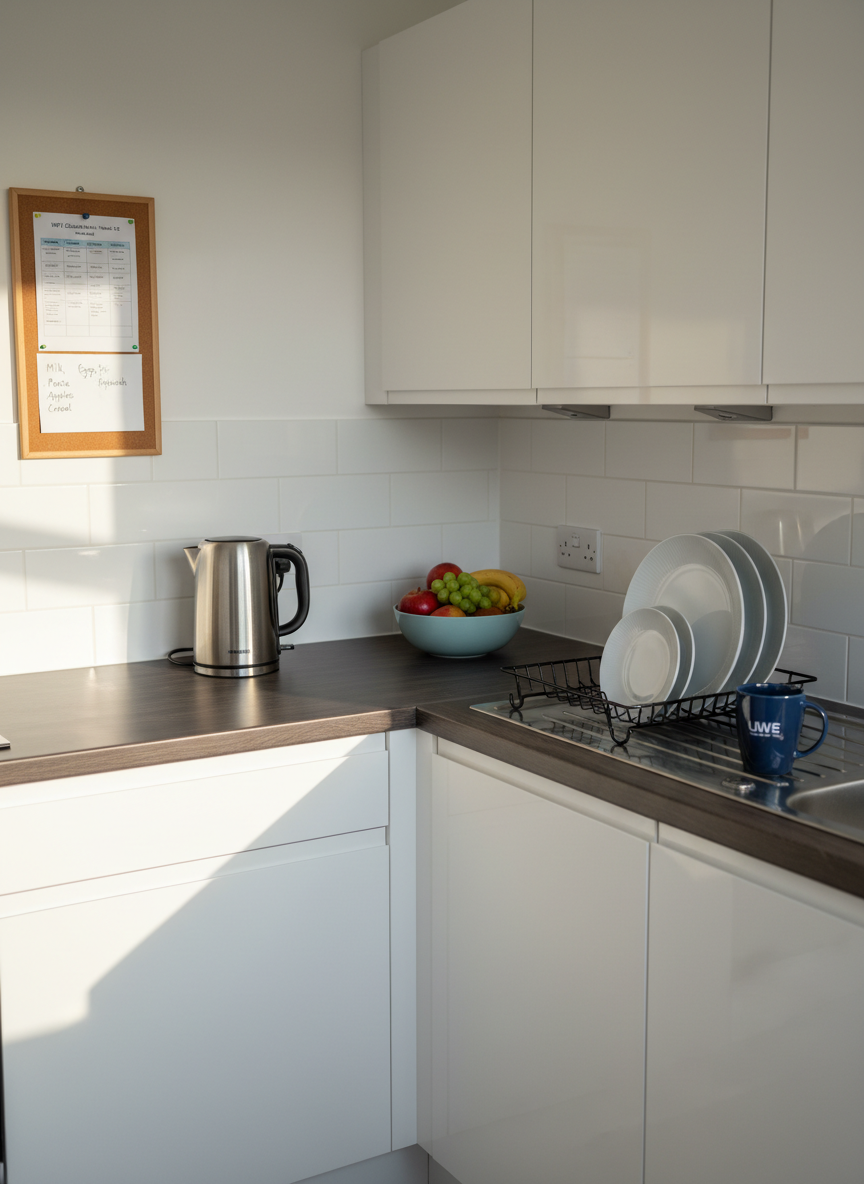 A bright, modern university accommodation kitchen corner, with spotless white cabinets, a compact stainless-steel kettle on a dark laminate worktop, and a small corkboard pinned with a printed weekly meal plan and shopping list. A single ceramic bowl of fresh fruit adds muted color, while a neatly stacked set of plates and a lone mug sit on a drying rack. Soft morning sunlight slips through an unseen window, creating subtle reflections on the metal appliances and soft shadows along the backsplash. Photographic realism, shot from a slightly elevated angle with sharp focus throughout, conveys a clean, welcoming, and practical atmosphere that reflects everyday student living at UWE.