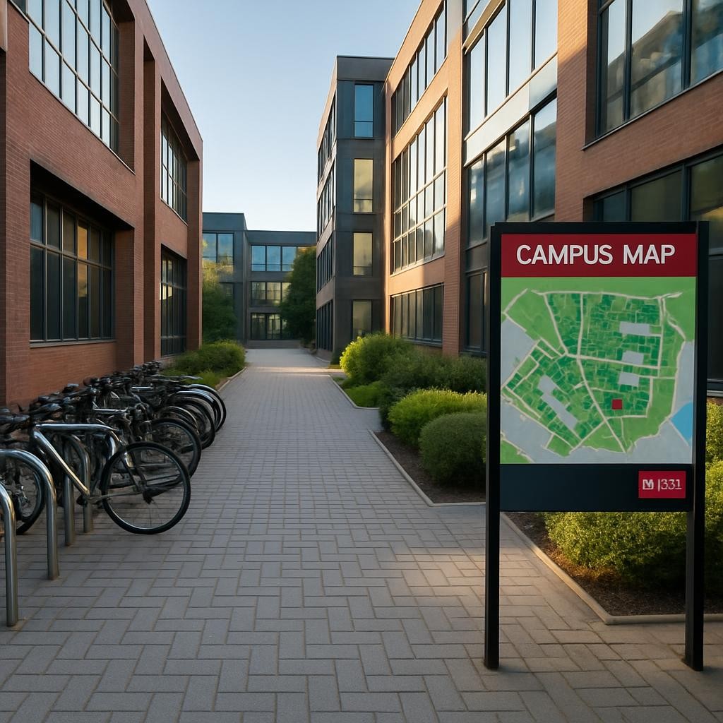 A detailed campus navigation scene without people: a paved pathway lined with contemporary brick and glass university buildings, leading toward a clearly visible, modern campus map sign with crisp, legible graphics and a UWE logo. Stainless-steel bike racks filled with neatly parked bicycles sit to one side, while low-maintenance shrubs and planters add natural greenery. Soft late-afternoon light creates long, gentle shadows and a warm but professional tone, with reflections subtly visible in the glass facades. Photographic realism, shot at eye level with a wide-angle lens and strong depth of field, keeps the entire scene sharp, conveying clarity, orientation, and the reassuring feeling of finding your way around campus as a new student.